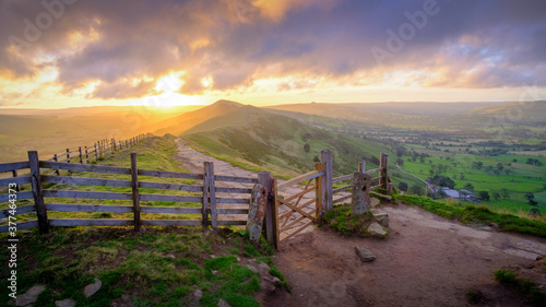 Sunrise over Great Ridge from Mam Tor Gate Derbyshire Peak District