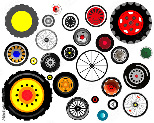 A set of wheels from cars, tractors, bicycles and children's cars