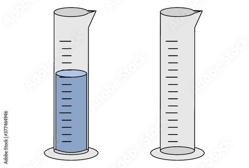 空のメスシリンダーと水の入ったメスシリンダー（線）