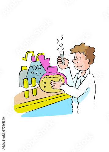 Scienziato che tiene una provetta in un laboratorio scientifico di chimica e ricerca. Illustrazione scienziato uomo vettoriale ed esperimenti chimici.Provetta per esperimenti, laboratorio. Vettoriale 