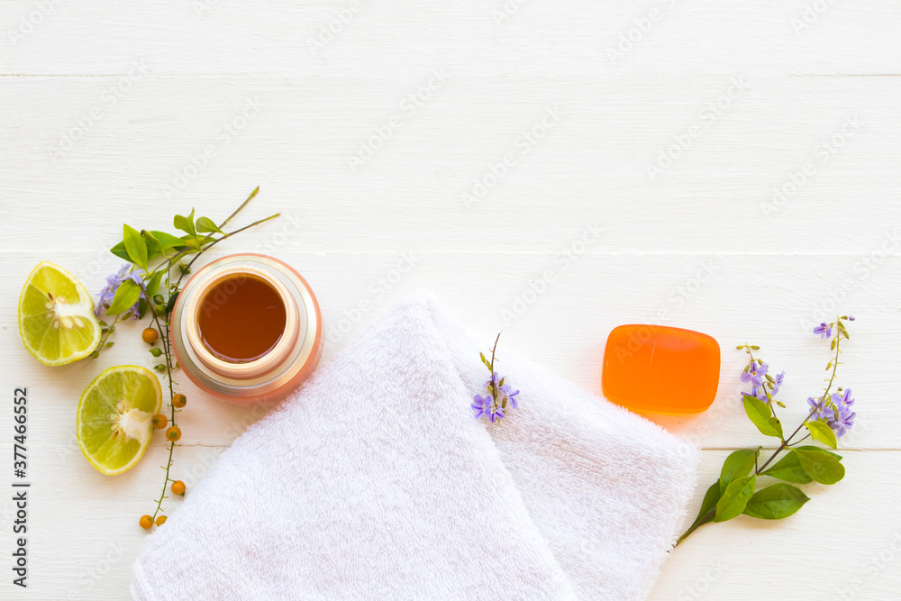 herbal aroma face mask extract vegetation honey lemon with herbal soap health care for skin face arrangement flat lay style on background white wooden