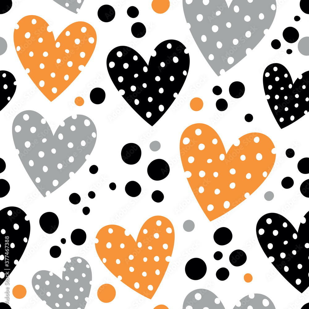Seamless pattern with black and orange polka dot hearts. Seamless pattern with black and orange polka dot hearts.
