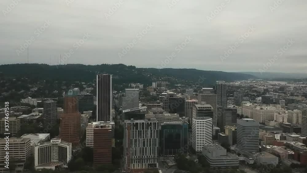 Aerial Drone Downtown Portland Skyline Cityscape Haze Cloudy Aerial Drone Downtown Portland Skyline Cityscape Haze Cloudy