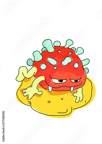 Corona virus COVID personaggio cartoon cattivo arrabbiato infettivo. Illustrazione vettoriale clipart, emoticon espressiva di infezione batterica o malattia. Fumetto disegno, caricatura virus