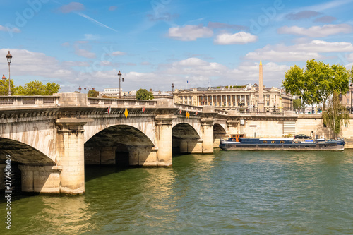 Paris, the Concorde bridge on the Seine, with the obelisk in background 