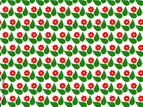 Green leaf and red flower pattern design on white background