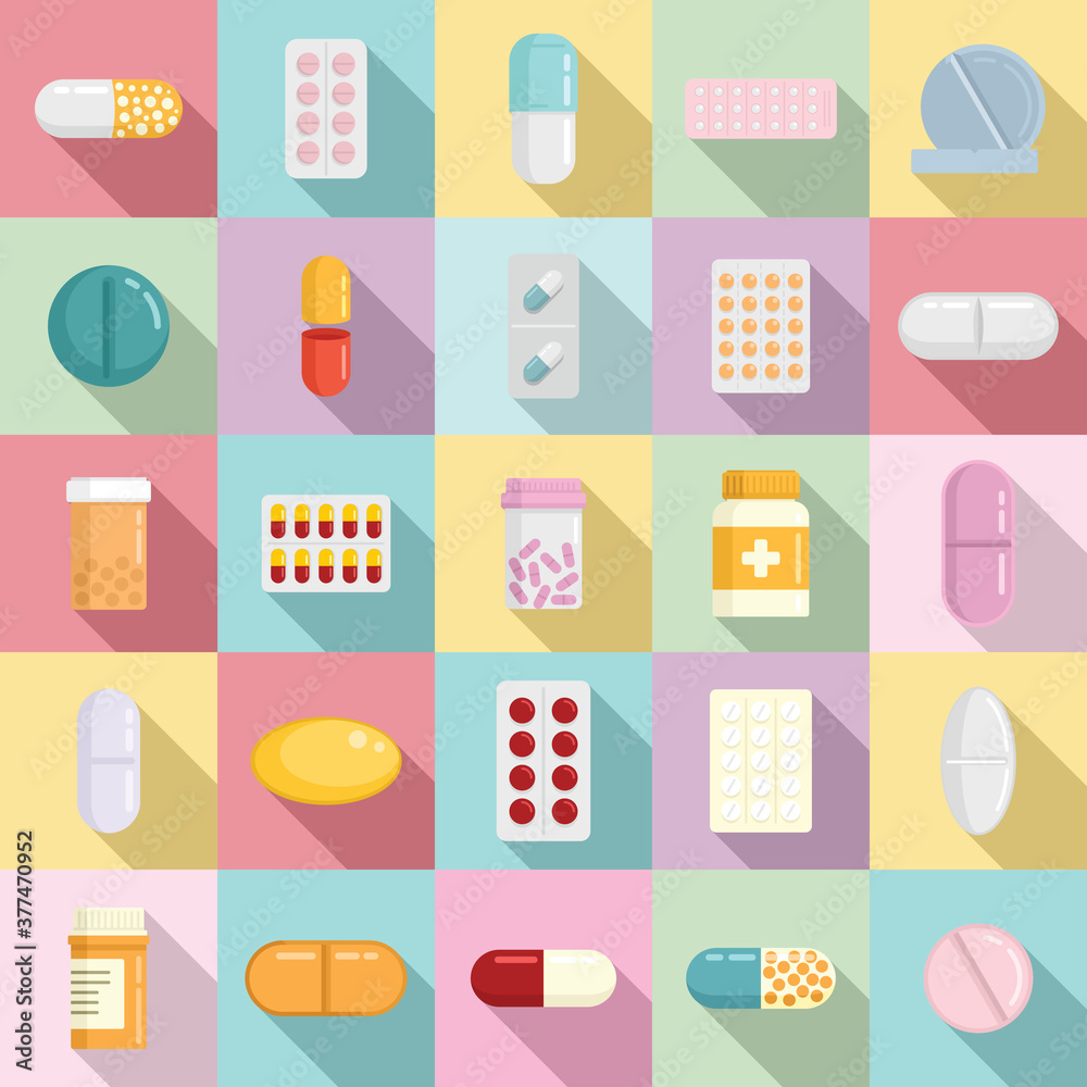 Pill icons set. Flat set of pill vector icons for web design Pill icons set. Flat set of pill vector icons for web design