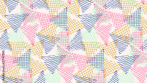 Abstract geometric hand drawn randomly scattered hatched triangles seamless pattern. Vector doodle background.
