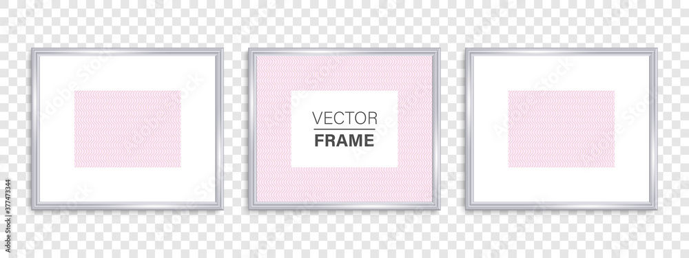Frames mockup. Vector frames. Frames silver. Silver vintage frame with shadows isolated on transparent background. Silver luxury realistic square border. Vector illustration