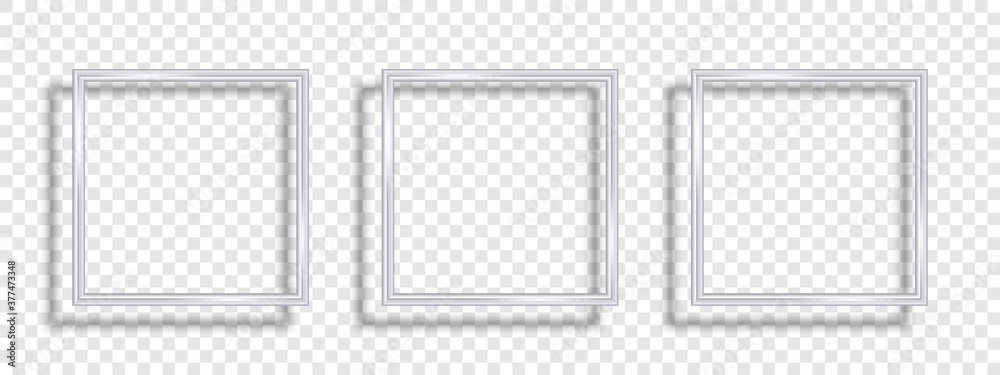 Fototapeta premium Square mockup frames. Vector frames. Frames silver. Silver vintage frame with shadows isolated on transparent background. Silver luxury realistic square border. Vector illustration
