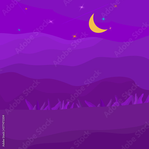 Nature night outdoor on the way landscape countryside with hills, moon, stars in sky, abstract background texture wallpaper pattern seamless vector illustration graphic design 