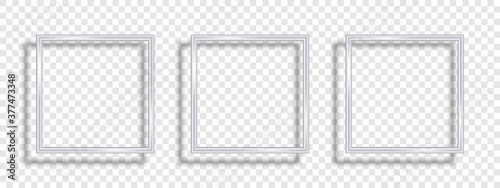 Square mockup frames. Vector frames. Frames silver. Silver vintage frame with shadows isolated on transparent background. Silver luxury realistic square border. Vector illustration