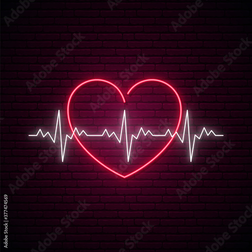 Neon heartbeat sign. Glowing heart symbol and heartbeat line on dark brick wall background background. Stock vector illustration.