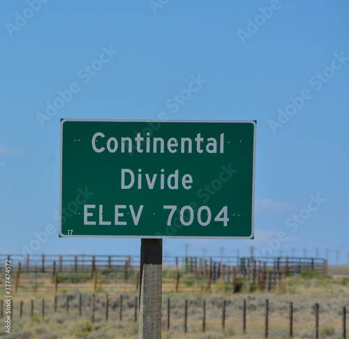 The Continental Divide sign also known as Western Divide in the Rocky Mountains of Wyoming 
