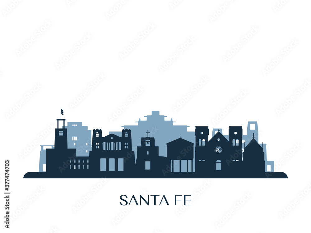 Santa Fe skyline, monochrome silhouette. Vector illustration.