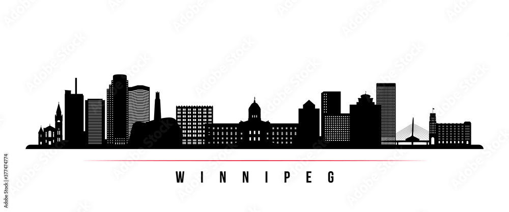 Winnipeg skyline horizontal banner. Black and white silhouette of Winnipeg City, Canada. Vector template for your design.