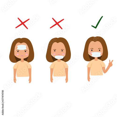 Picture about woman show how to wearing mask by wrong and right place on her face that can safe from coronavirus.vector illustration 