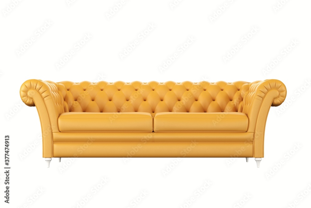 modern classic yellow leather color sofa 3 seat on white isolate background. front view.