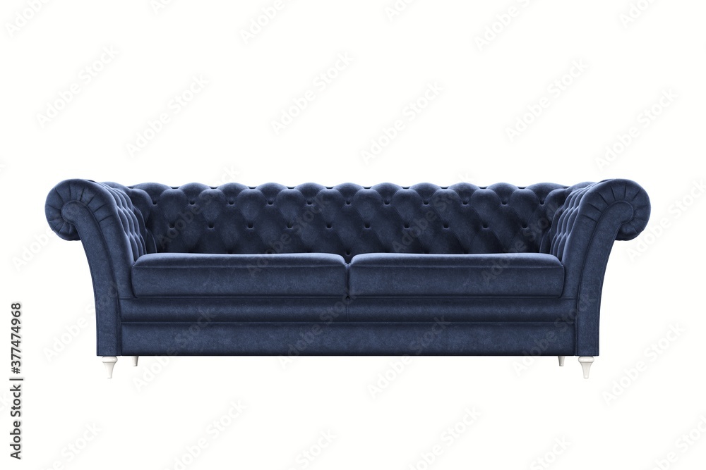 modern classic blue leather color sofa 3 seat on white isolate background. front view.