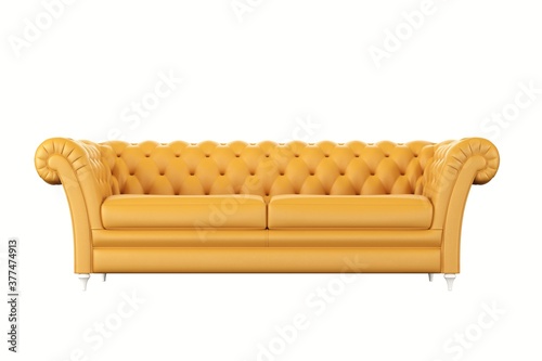 Fototapeta Naklejka Na Ścianę i Meble -  modern classic yellow leather color sofa 3 seat on white isolate background. front view.