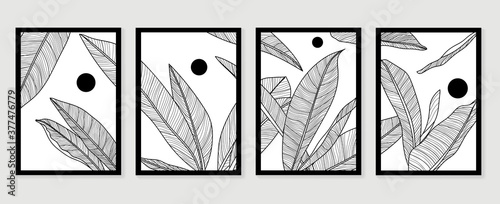 Botanical wall art vector set. Foliage line art drawing with  abstract shape.  Abstract Plant Art design for print, cover, wallpaper, Minimal and  natural wall art. Vector illustration.
