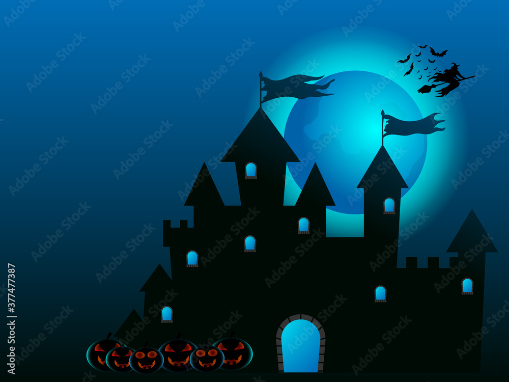 witch flying on castle and pumpkins in halloween night