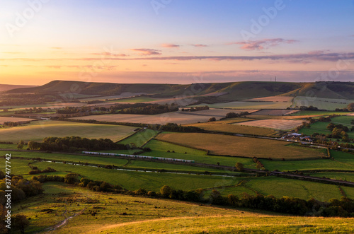 Sunrise from the top of mount Caburn on the Lewes Downs  east Sussex south east England