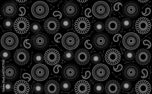 Abstract Seamless Mandala Pattern on Black Background - Colored Repetitive Texture, Vector Illustration