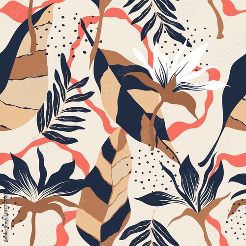 Tropical vector seamless flower and leaves pattern. Exotic background. Wallpaper. Blooming realistic isolated jungle plants, palm. Hand drawn bright illustration.