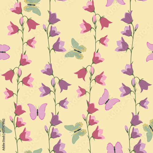 Seamless summer pattern with campanulas and butterflies