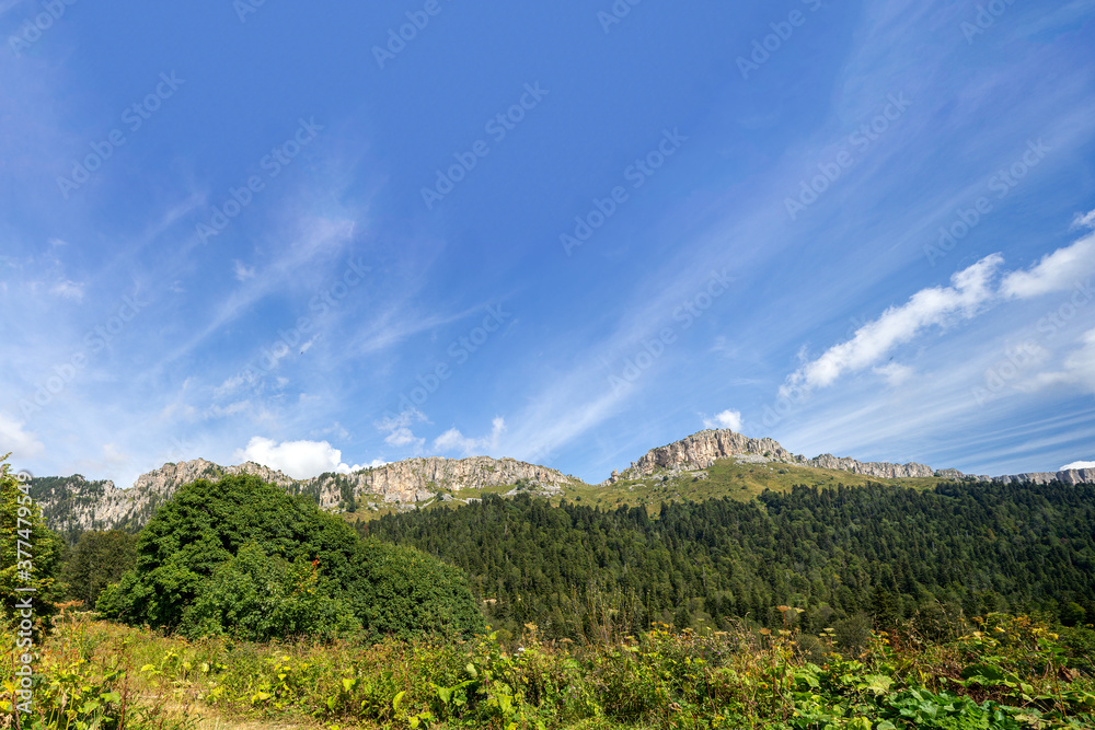 Panorama of mountains and subalpine meadows covered with vegetation in the summer - places to visit and walk for tourists and outdoor enthusiasts.