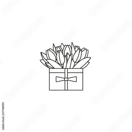 Tulips in a box - thin line icon on isolated white background. Bunch of spring flowers in a container - outline vector illustration in simple linear design.