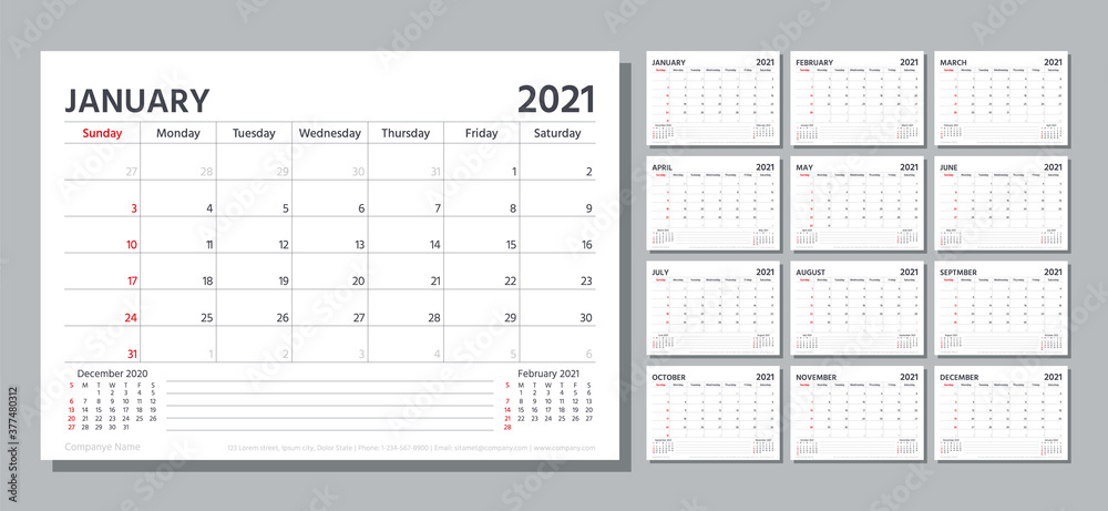 Planner 2021. Week starts Sunday. Calendar template. Vector. Table schedule grid. Yearly stationery organizer with 12 month. Calender layout. Horizontal monthly corporate diary. Simple illustration. - obrazy, fototapety, plakaty 