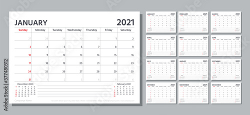 Planner 2021. Week starts Sunday. Calendar template. Vector. Table schedule grid. Yearly stationery organizer with 12 month. Calender layout. Horizontal monthly corporate diary. Simple illustration.