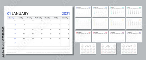 Planner 2021. Week starts Sunday. Calendar template. Vector. Yearly stationery organizer. Table schedule grid. Calender layout with 12 month. Horizontal monthly corporate diary. Simple illustration.