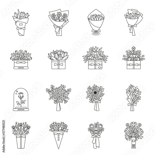 Set of flower bouquet flat outline icons. Collection of line flowers in wrapping paper and boxes. Bunch of roses, tulips, wildflowers in thin linear design. Floral composition vector illustration.