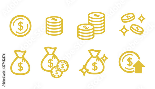 お金のアイコンのセット／ドル／$／アメリカ通貨／硬貨／貯金／現金袋