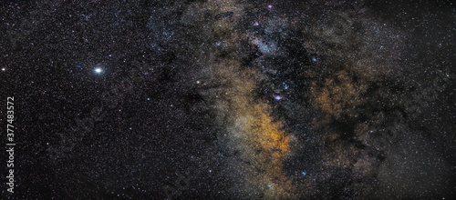 Obraz na płótnie Saturn, Pluto and Jupiter close to one of the most beautiful parts of the Milky Way. To their right, starting from the top one can also see the M16 Eagle Nebula, M17 Omega Nebula, Sagittarius Star Clo w salonie