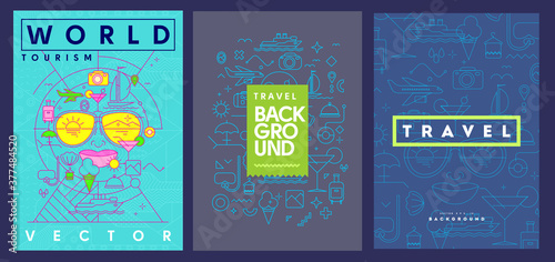 Poster set. Travel and Holiday Concept Line Style Cover Design for Annual Report, Flyer, Brochure. 