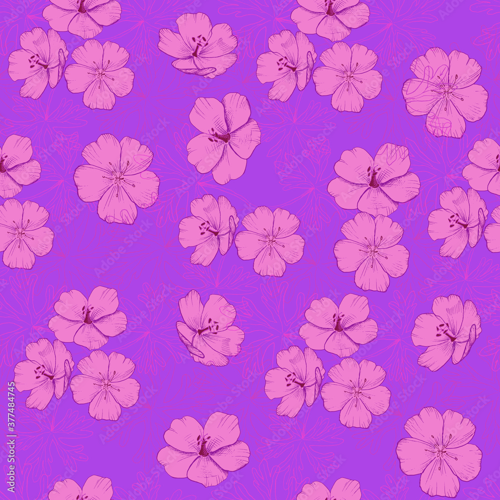 Vector seamless pattern with cute pink geranium flowers. Print design for wallpapers, textile, fabric, wrapping gift, ceramic tiles Vector seamless pattern with cute pink geranium flowers. Print design for wallpapers, textile, fabric, wrapping gift, ceramic tiles