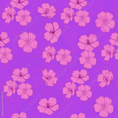Vector seamless pattern with cute pink geranium flowers. Print design for wallpapers, textile, fabric, wrapping gift, ceramic tiles