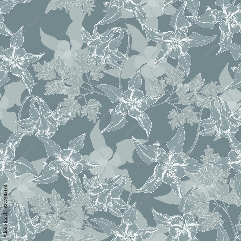 Fototapeta premium Seamless vector pattern with grayscale columbine flowers. T-shirt design, textiles, fabrics, covers, wallpapers, print, wrapping gift