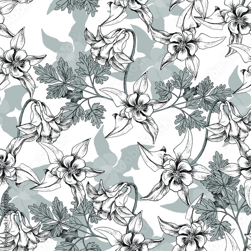 Seamless vector pattern with grayscale columbine flowers isolated on white background. T-shirt design, textiles, fabrics, covers, wallpapers, print, wrapping gift