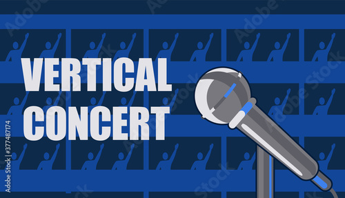 Vertical concert invitation poster. In rooms on floors of hotel, spectators neighbors dancing and listening to concert below. Microphone on background multistory building home.Vector illustration