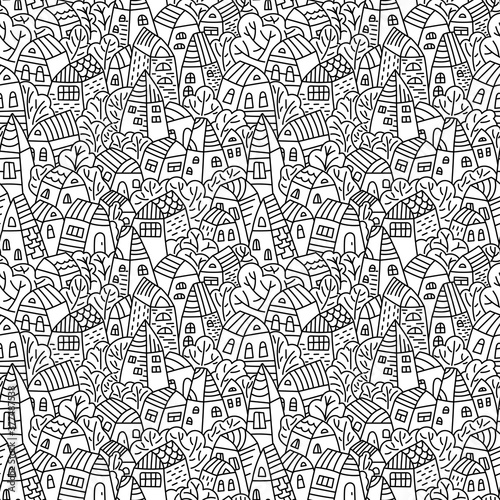 Street background. Coloring book. Hand drawn Seamless pattern with Doodle houses. Black and white vector illustration