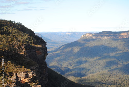 The cliffs and the hiking trails in the Blue Mountains national park in Australia on the sunny winter day © Natalie