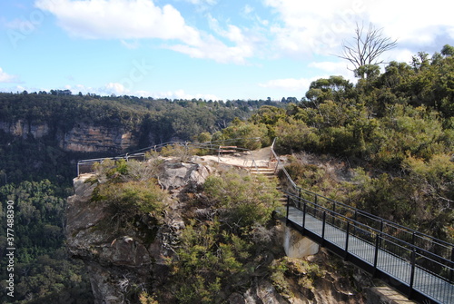 The cliffs and the hiking trails in the Blue Mountains national park in Australia on the sunny winter day