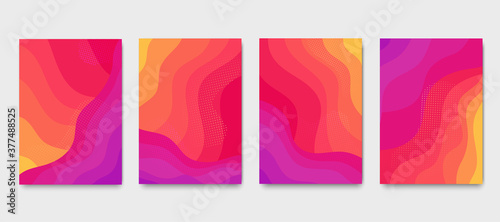 Burning flame wavy gradient brochures. Set of abstract colorful liquid modern posters.