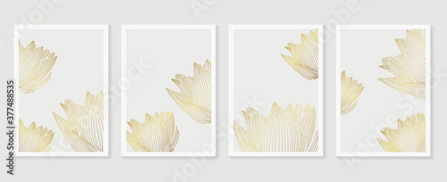 Luxury cover design template. Lotus line arts hand draw gold lotus flower and leaves. Design for packaging design, social media post, cover, banner, Wall arts, Gold geometric pattern design vector