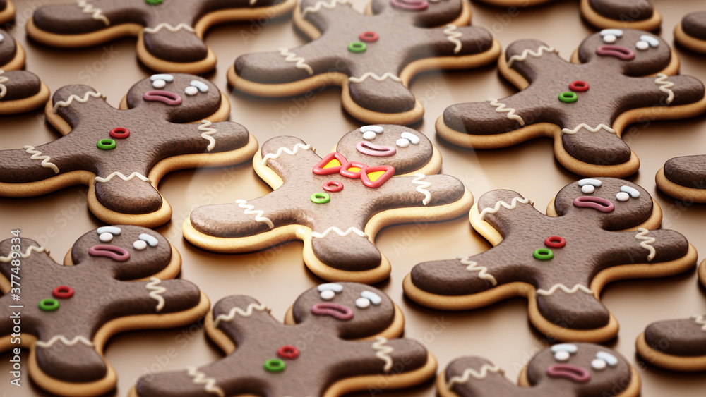 Happy gingerbread man cookie stands out in the crowd. 3D illustration Happy gingerbread man cookie stands out in the crowd. 3D illustration